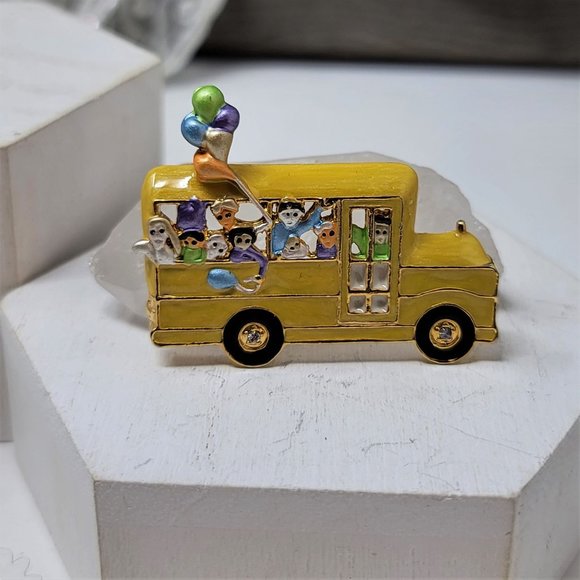 Cute Yellow School Bus Pin Brooch Enameled, Kids, Rhinestones - Picture 4 of 7